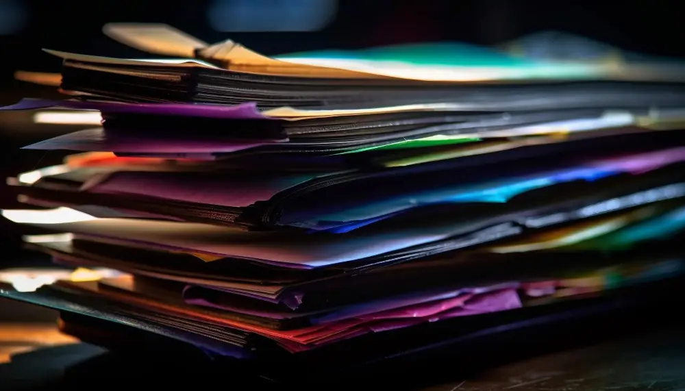 Stack of paperwork and files piling up on a busy office desk